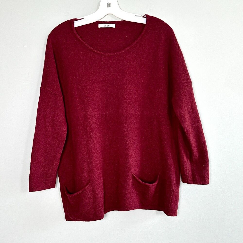 Hekla New Basic Sweater Womens XL Red Wool Cashmere Blend Pockets Minimalist